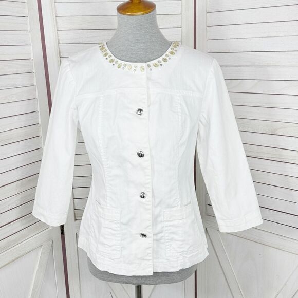 Lark Lane Petite Bead Embellished Neck Stretch Twill Jacket White Size 6P - Picture 1 of 11